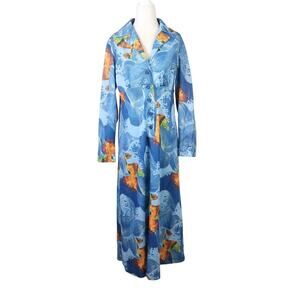 Vintage 70s Abstract Groovy Wave Lava Print Maxi Shirt Dress L
